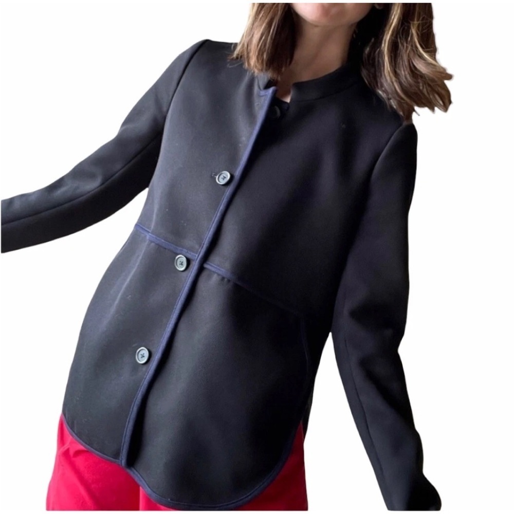 J Crew Black Navy Blue Tipped Twill Blazer Jacket Size 4 B8544 Mandarin Collar S